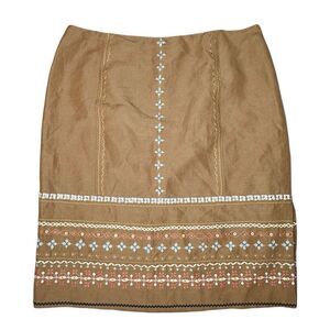 Talbots Sz 16 Linen Silk Blend Light Brown Floral Embroidered Side Slit Skirt